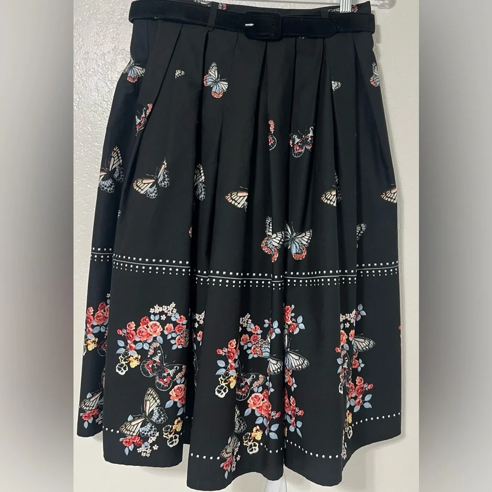 Hell Bunny Retro Butterfly Floral Pleated Midi Skirt Black Cotton Vintage Pinup